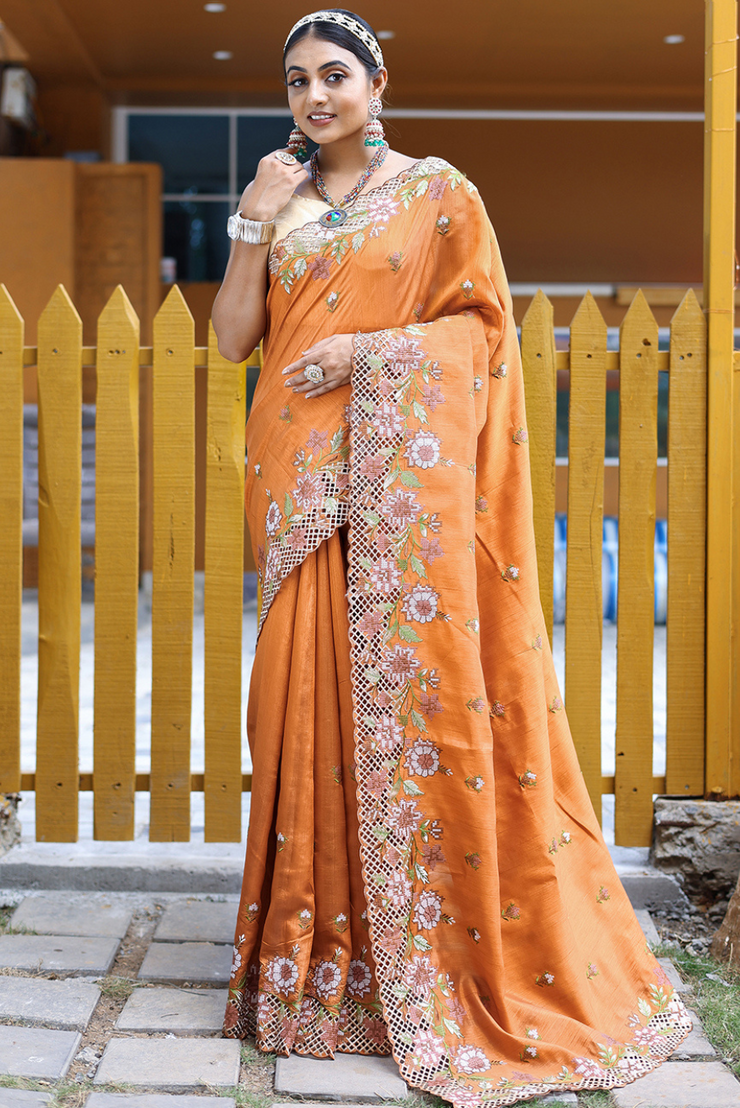 Silk Saree with blouse in Orange colour 1113